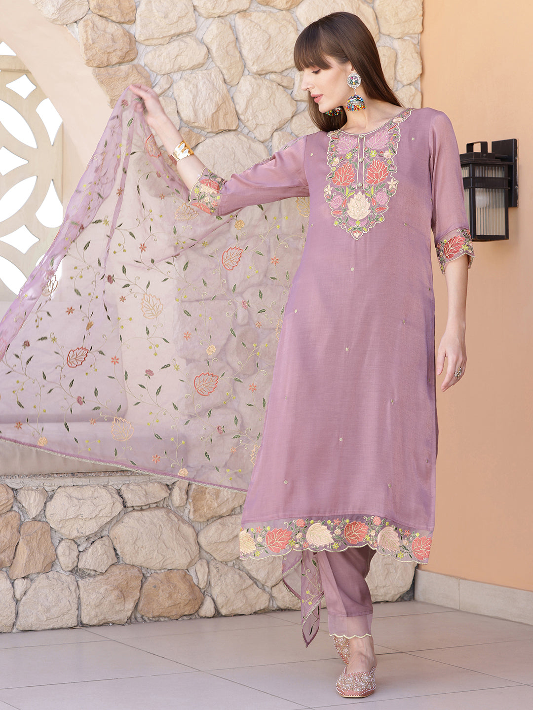 Purple Organza Embroidered Kurta Set with Matching Dupatta