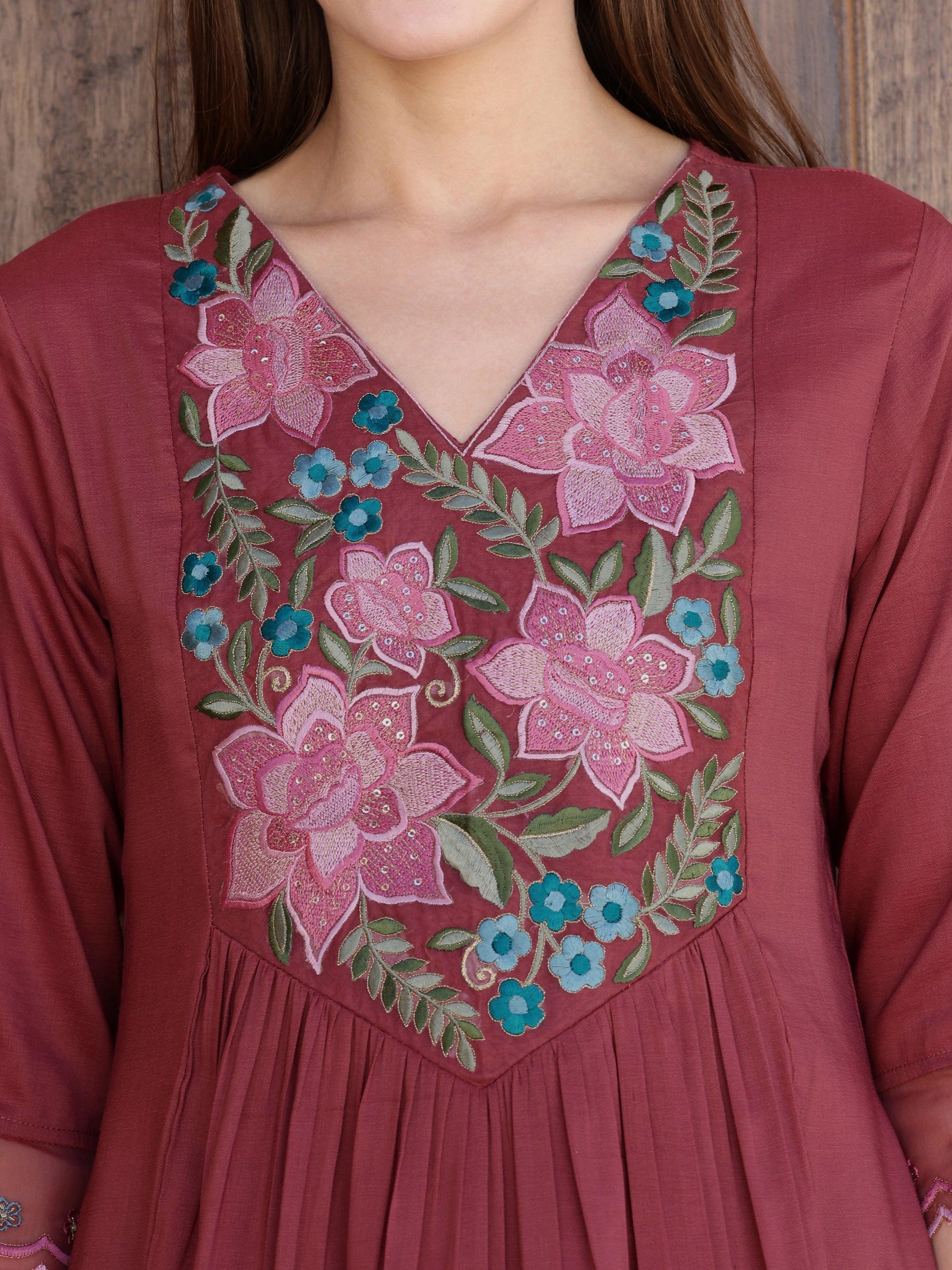 Rust Aline Embroidered Kurta Set with Pant and Dupatta