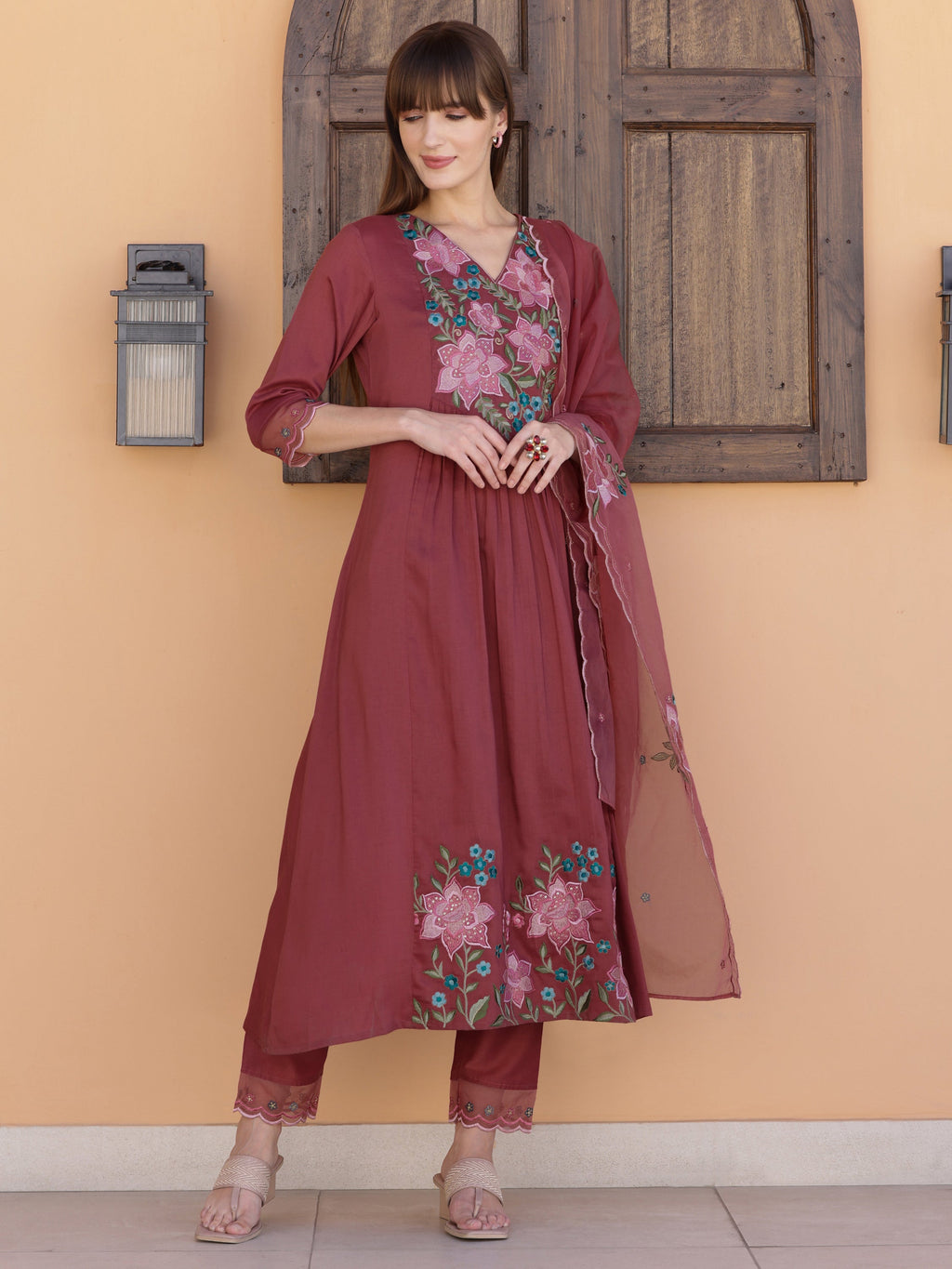 Rust Aline Embroidered Kurta Set with Pant and Dupatta