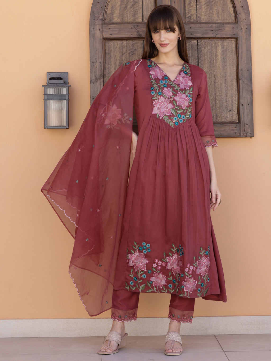 Rust Aline Embroidered Kurta Set with Pant and Dupatta
