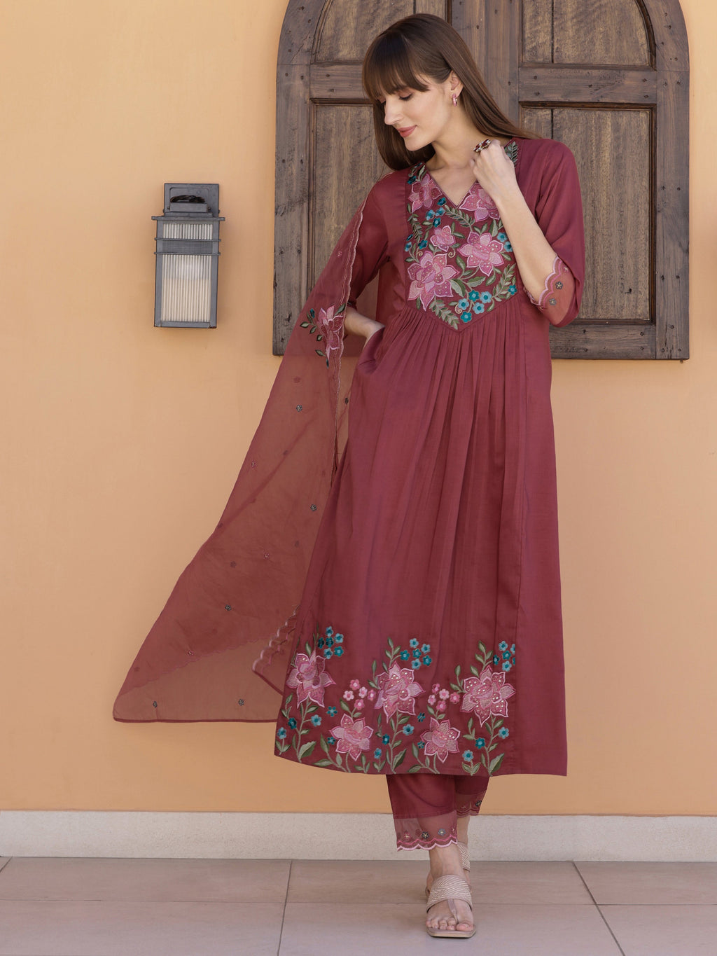 Rust Aline Embroidered Kurta Set with Pant and Dupatta