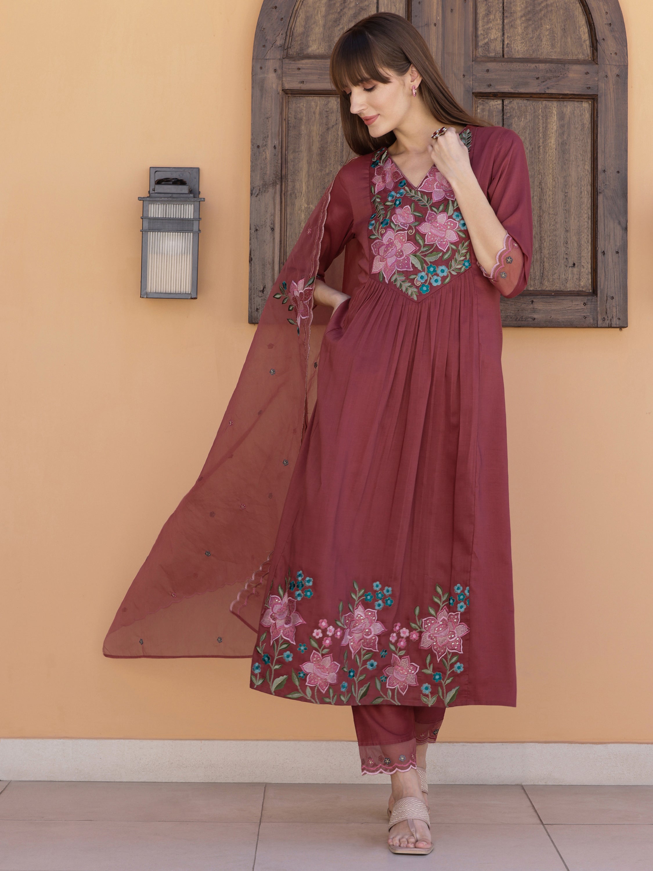 Rust Aline Embroidered Kurta Set with Pant and Dupatta