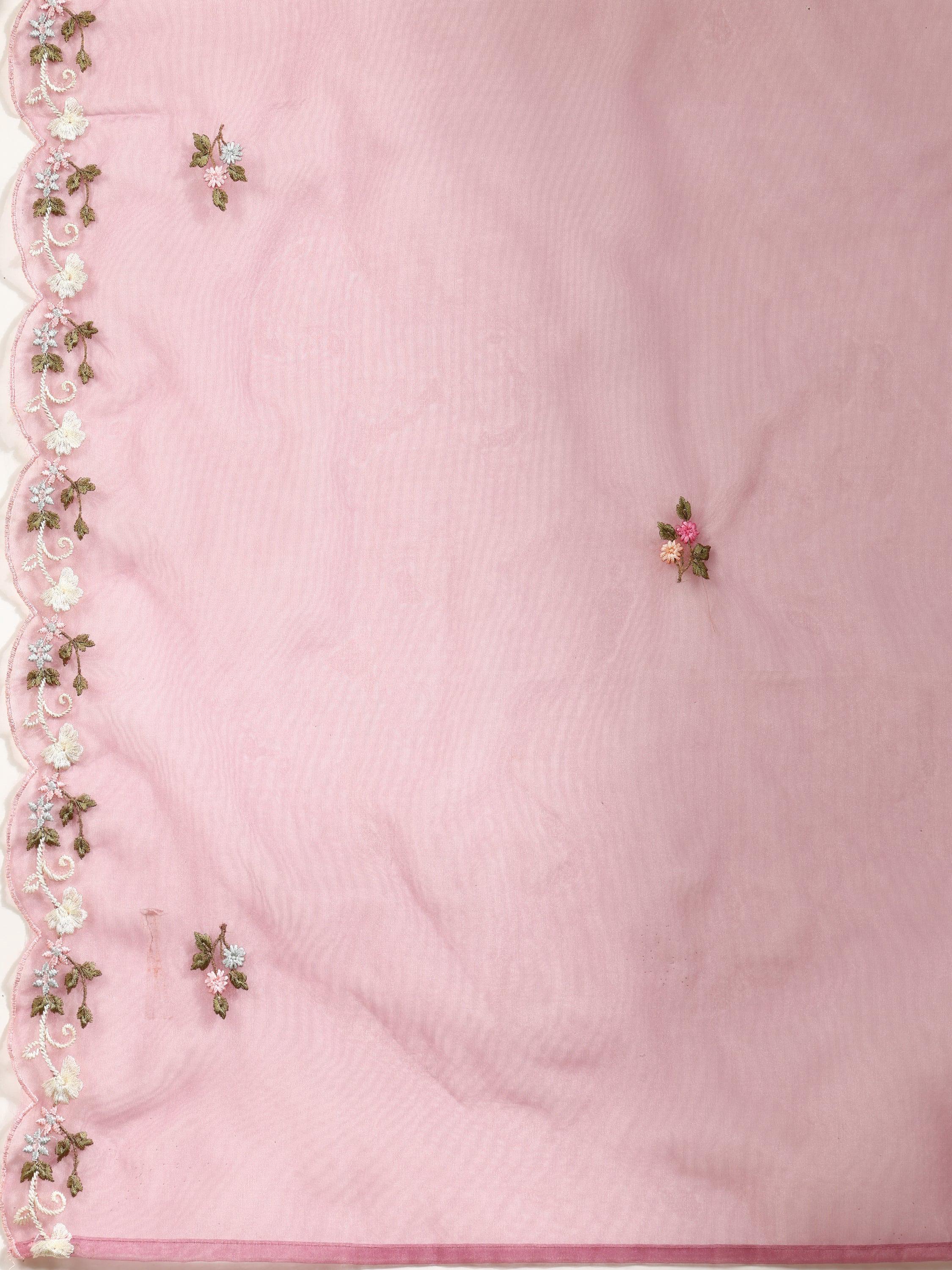 Pink Embroidered Kurta Set with Pant and Organza Dupatta