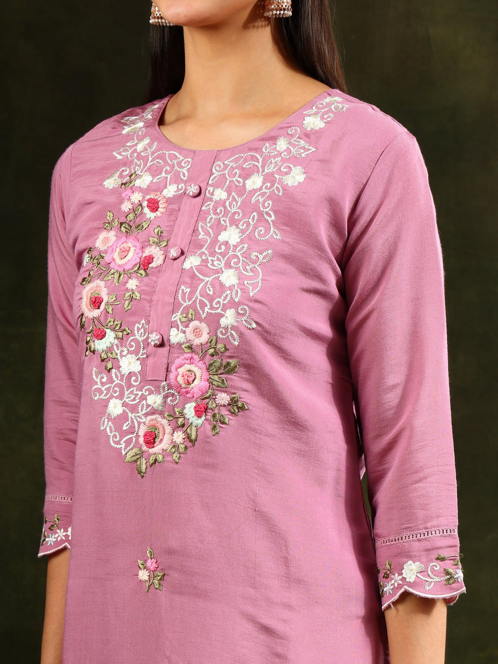 Pink Embroidered Kurta Set with Pant and Organza Dupatta