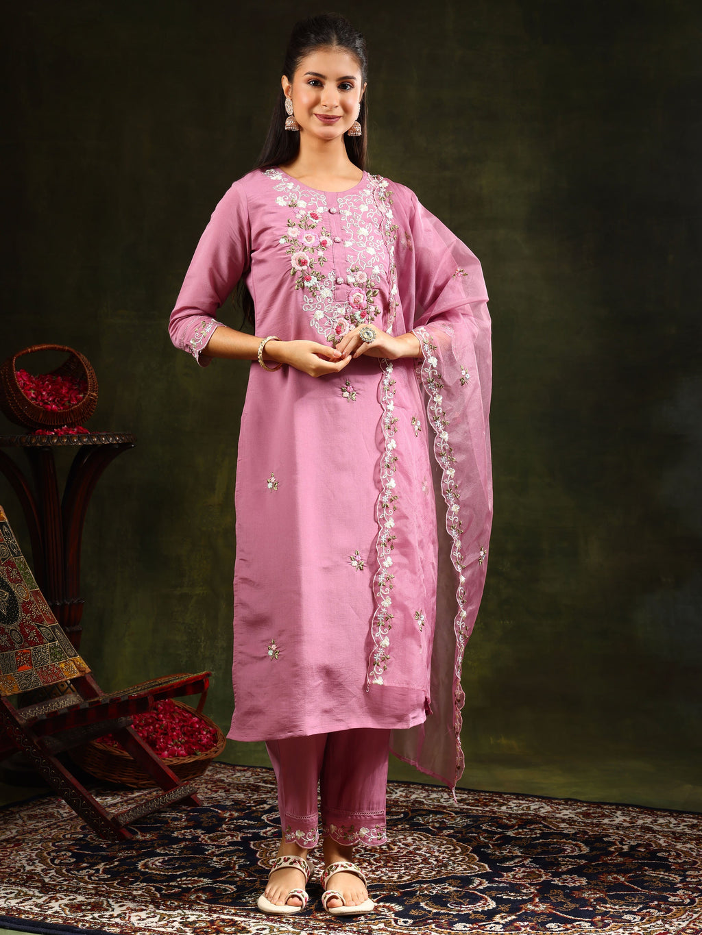 Sophisticated pink Chanderi kurta set with delicate embroidery, 3/4th sleeves, matching pants, and an organza dupatta.