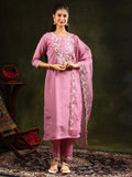 Sophisticated pink Chanderi kurta set with delicate embroidery, 3/4th sleeves, matching pants, and an organza dupatta.