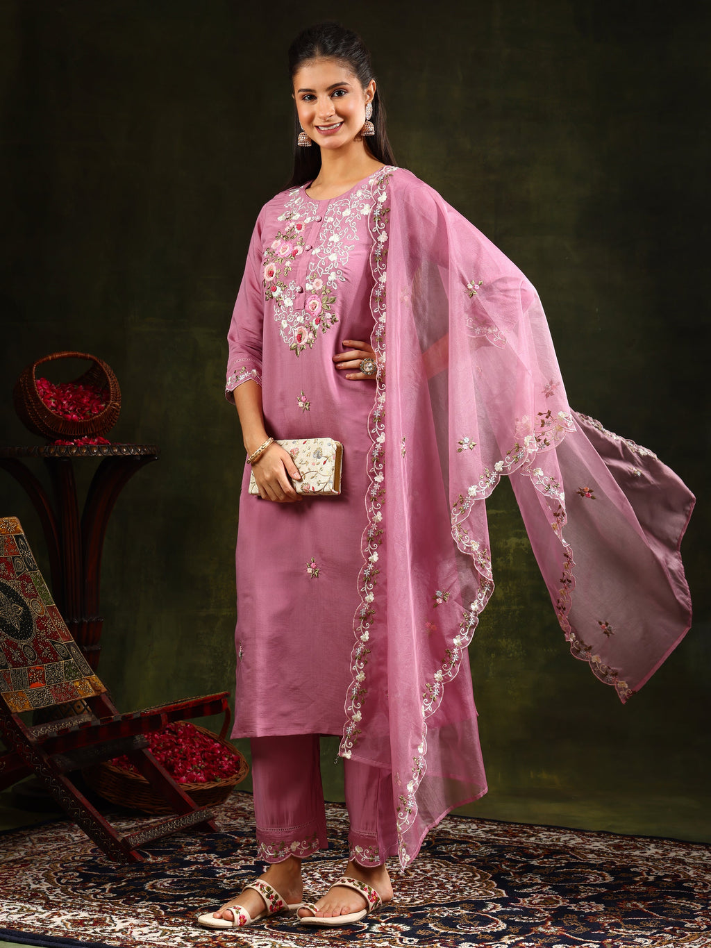 Pink Embroidered Kurta Set with Pant and Organza Dupatta