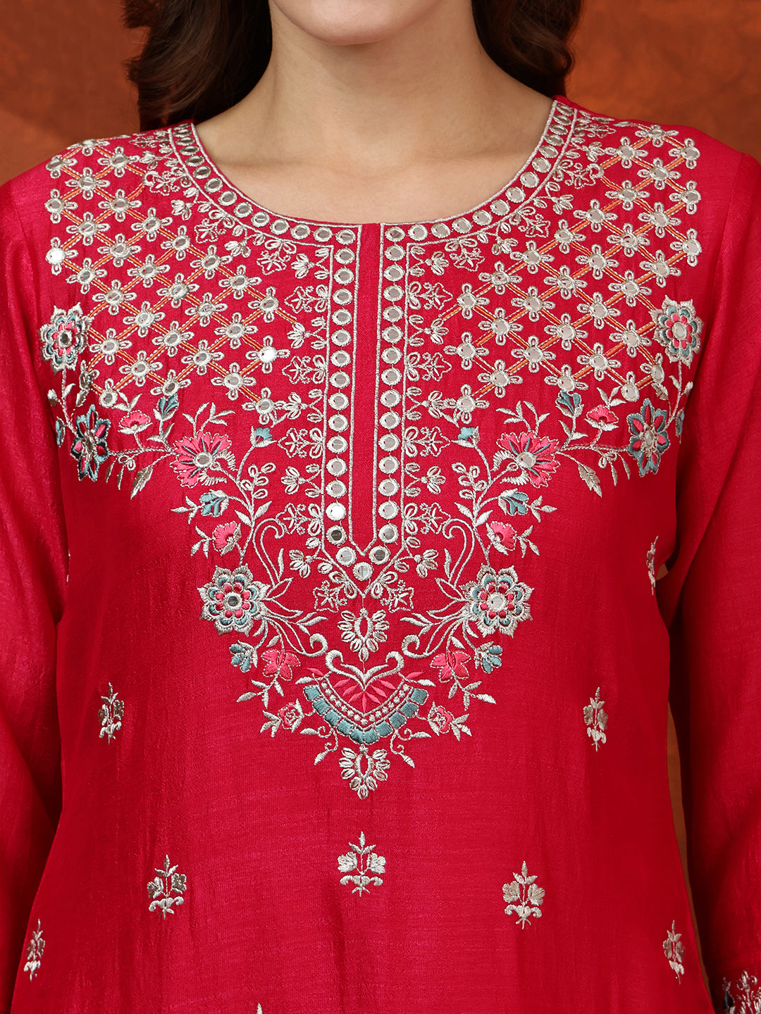 Pink Embroidered Silk-Blend Kurta Set with Embroidered Dupatta