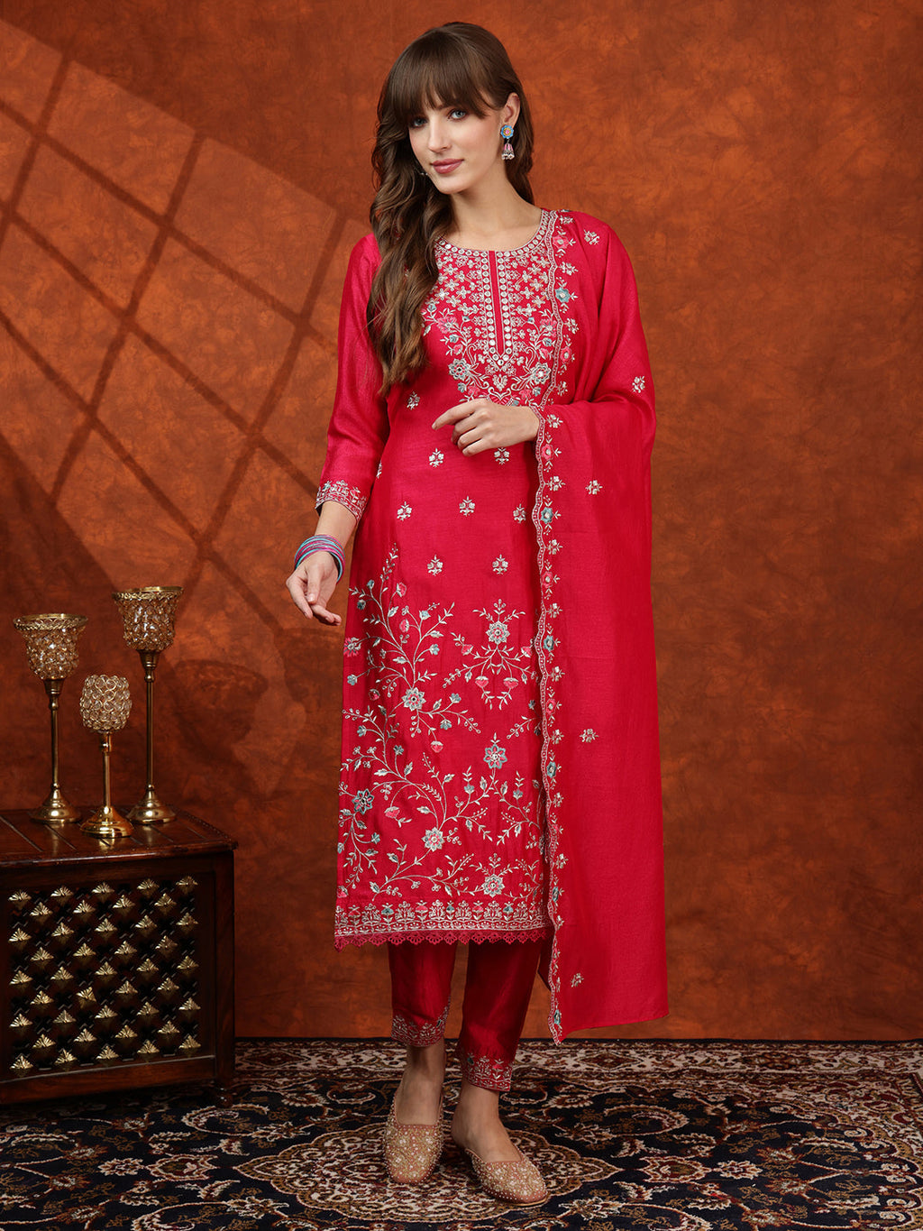 Pink Embroidered Silk-Blend Kurta Set with Embroidered Dupatta