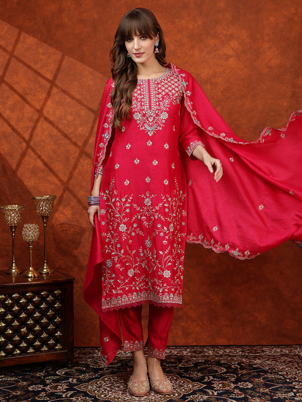 Pink Embroidered Silk-Blend Kurta Set with Embroidered Dupatta