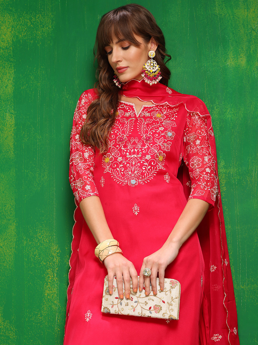 Pink Hand Embroidered Organza Kurta Set with Embroidered Dupatta