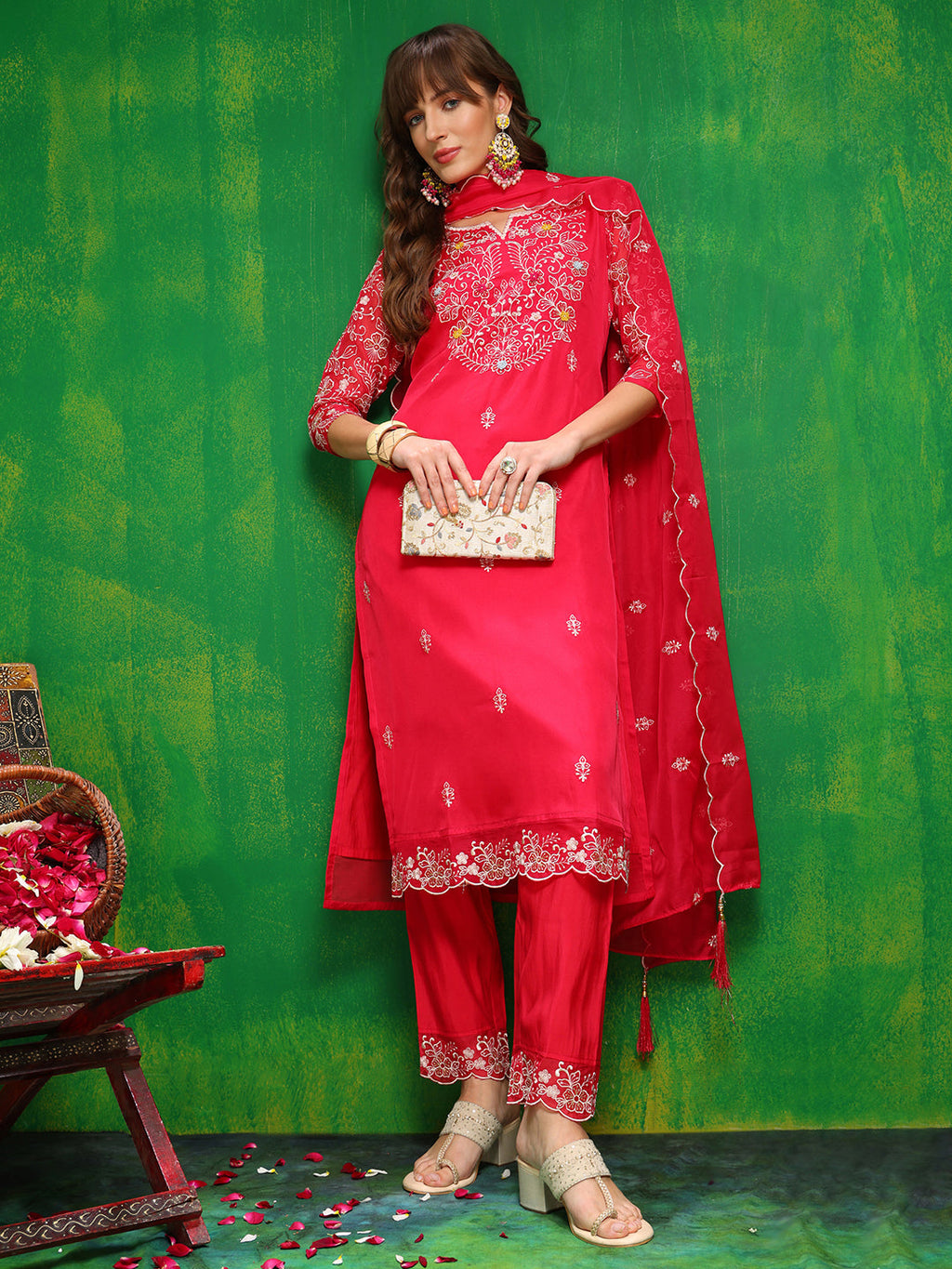Pink Hand Embroidered Organza Kurta Set with Embroidered Dupatta