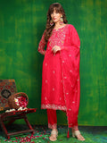 Elegant pink hand embroidered organza kurta set with matching embroidered dupatta