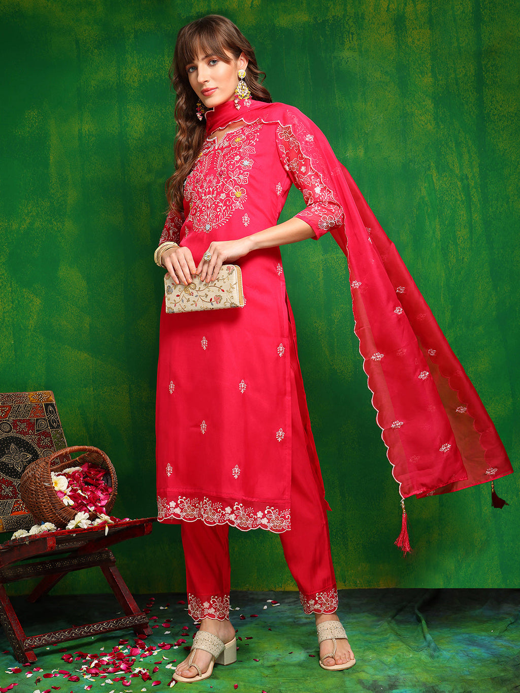 Pink Hand Embroidered Organza Kurta Set with Embroidered Dupatta