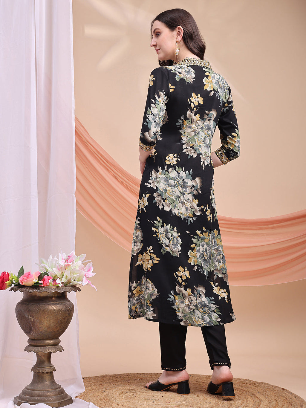Black Floral Printed A-Line Kurta Set with Pant and Dupatta
