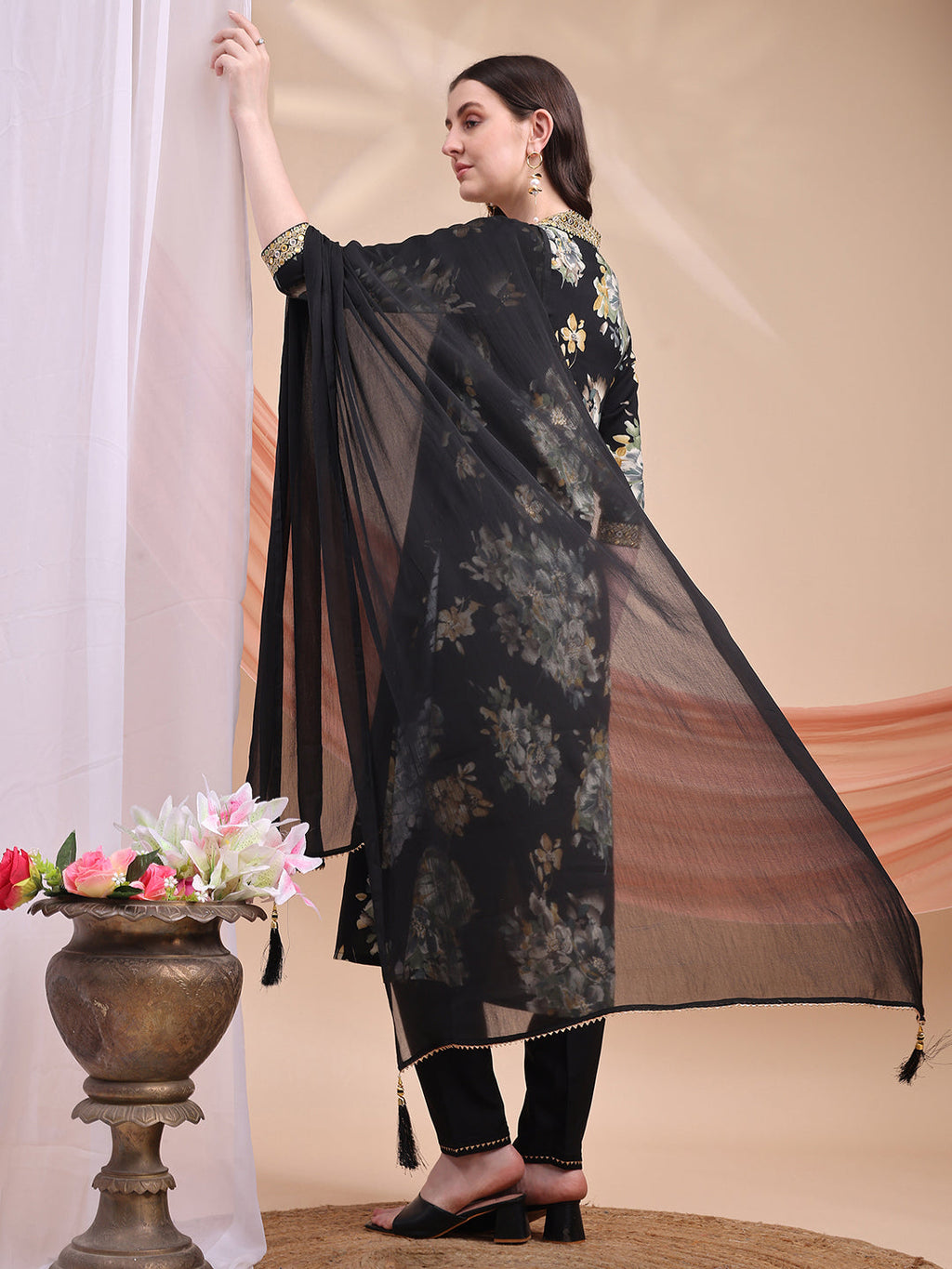 Black Floral Printed A-Line Kurta Set with Pant and Dupatta