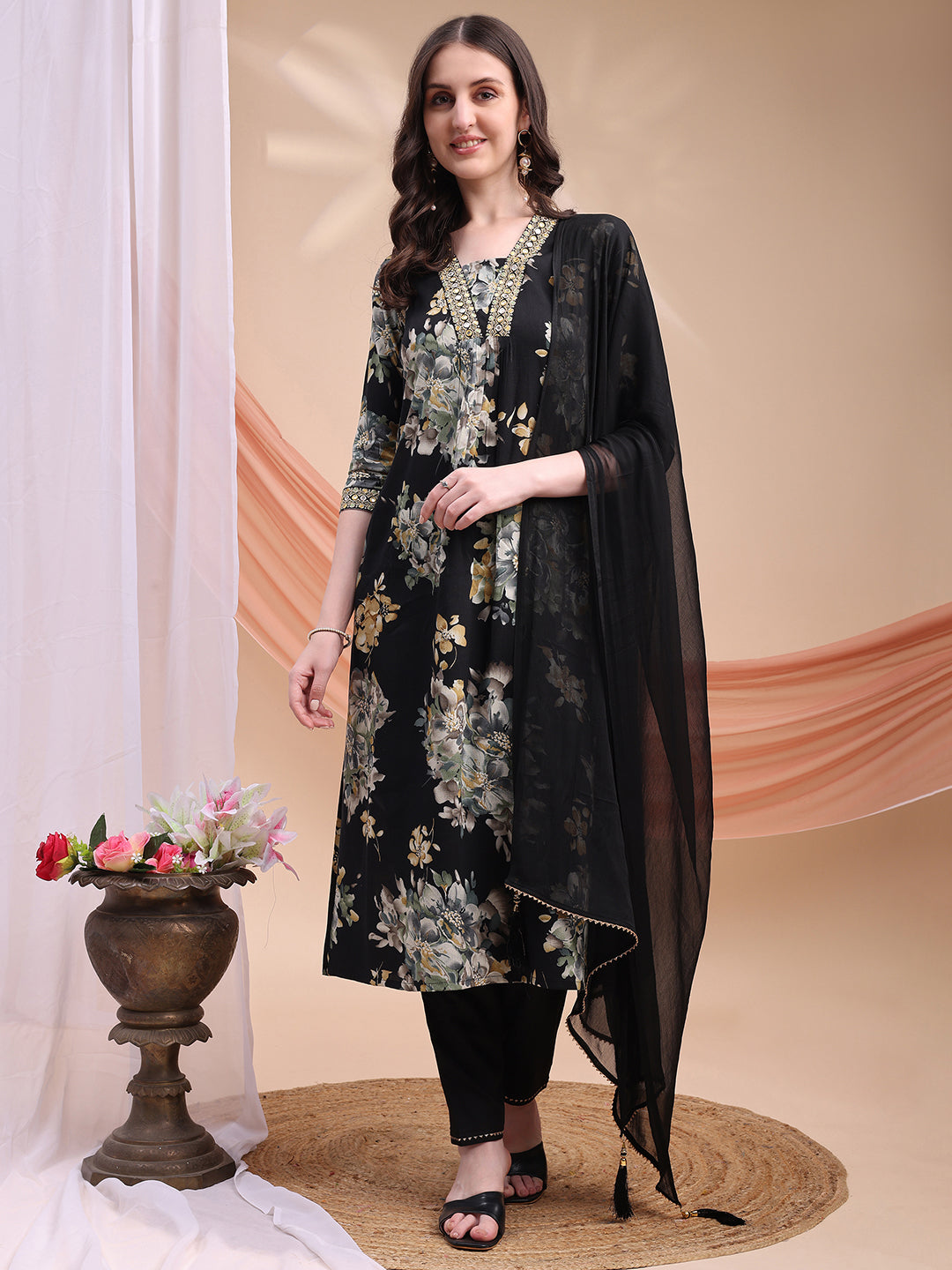 Black floral printed A-line kurta set with matching pant and dupatta