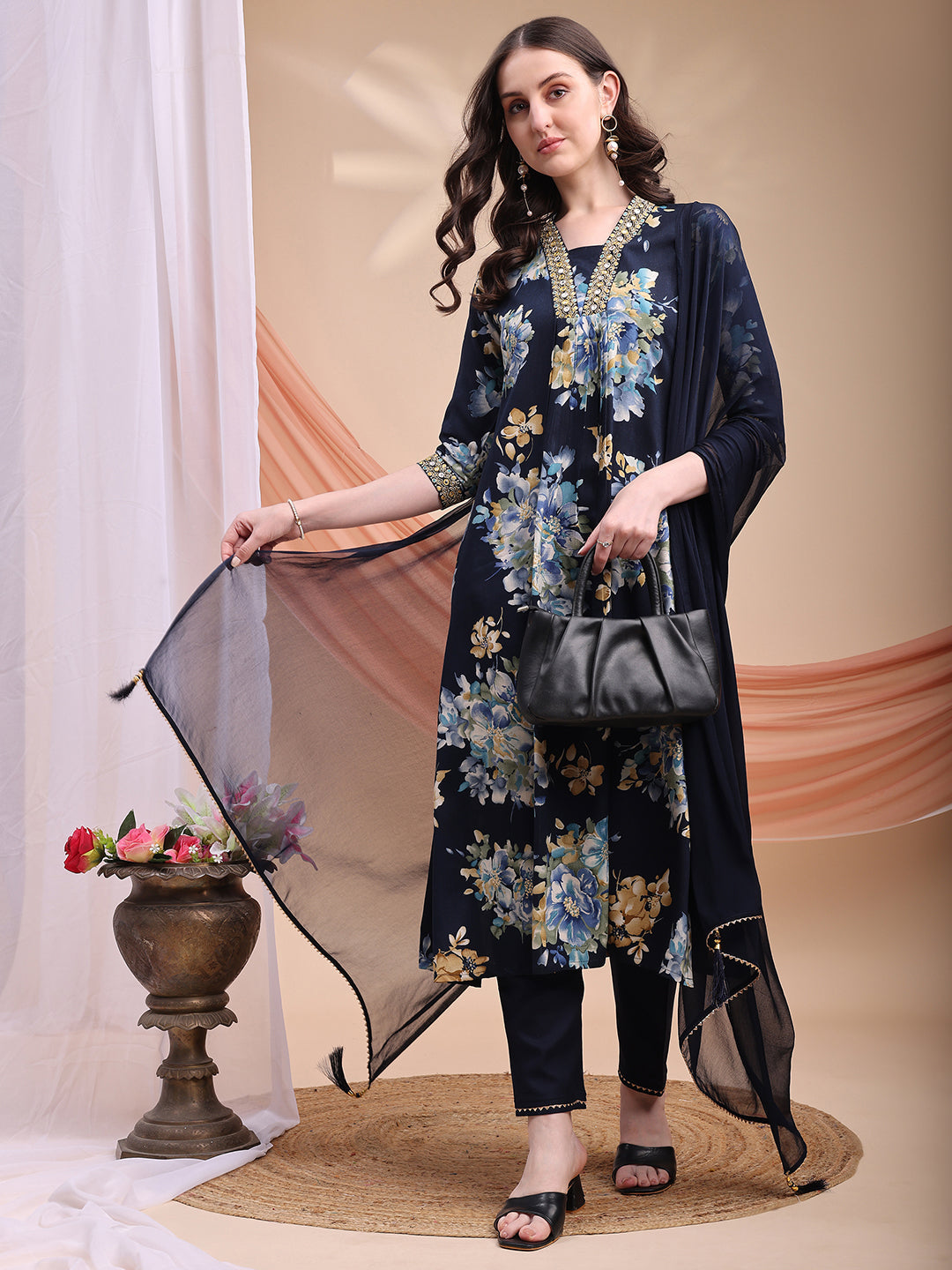 Navy Blue Floral Printed A-Line Kurta Set