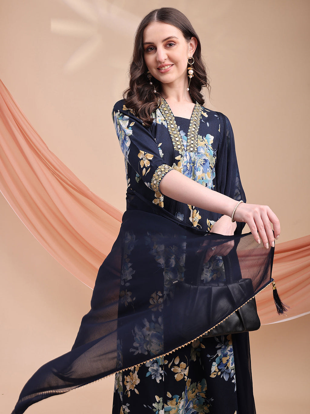 Navy Blue Floral Printed A-Line Kurta Set