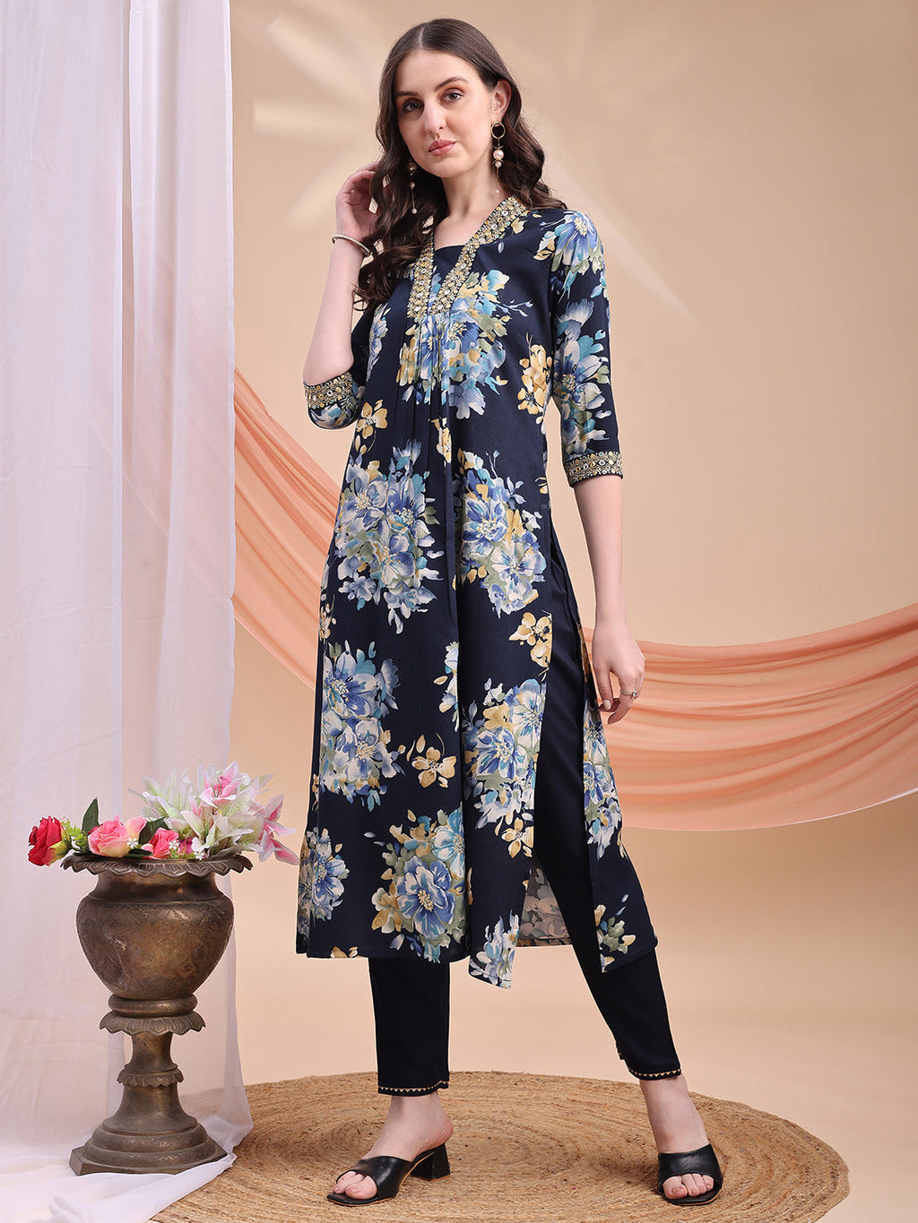 Navy Blue Floral Printed A-Line Kurta Set