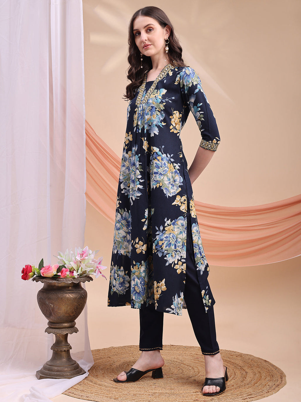Navy Blue Floral Printed A-Line Kurta Set