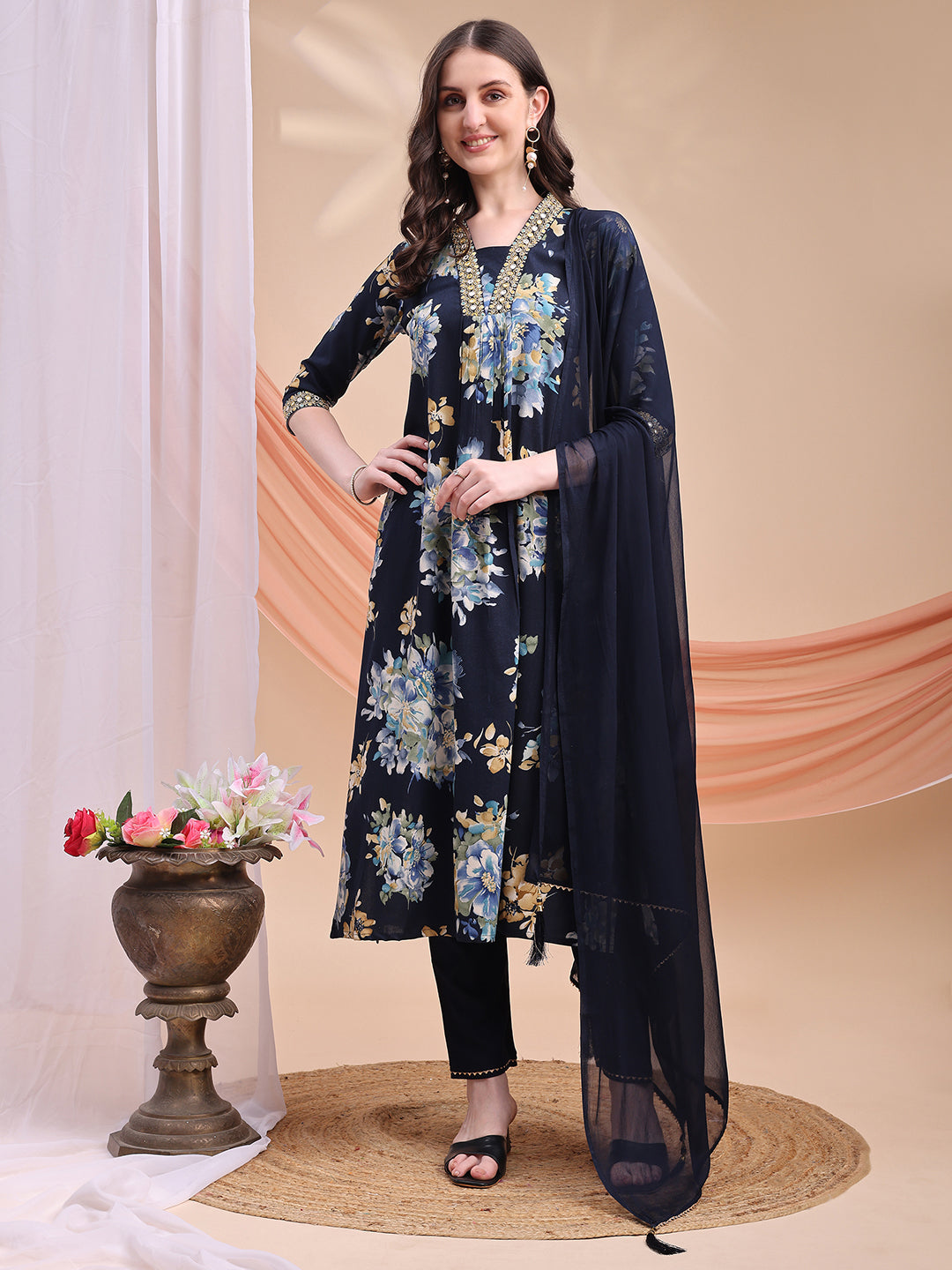 Navy Blue Floral Printed A-Line Kurta Set