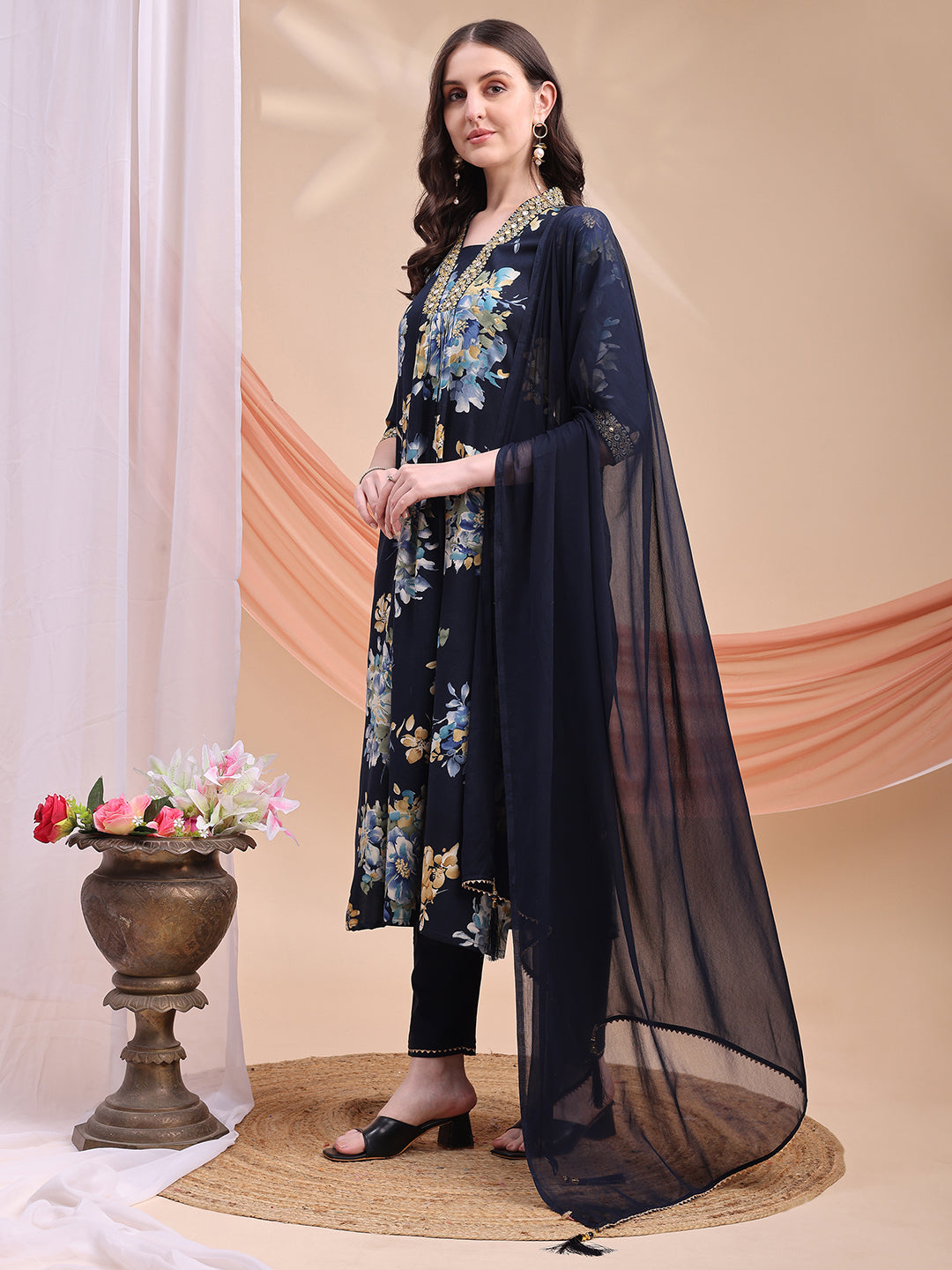 Navy Blue Floral Printed A-Line Kurta Set