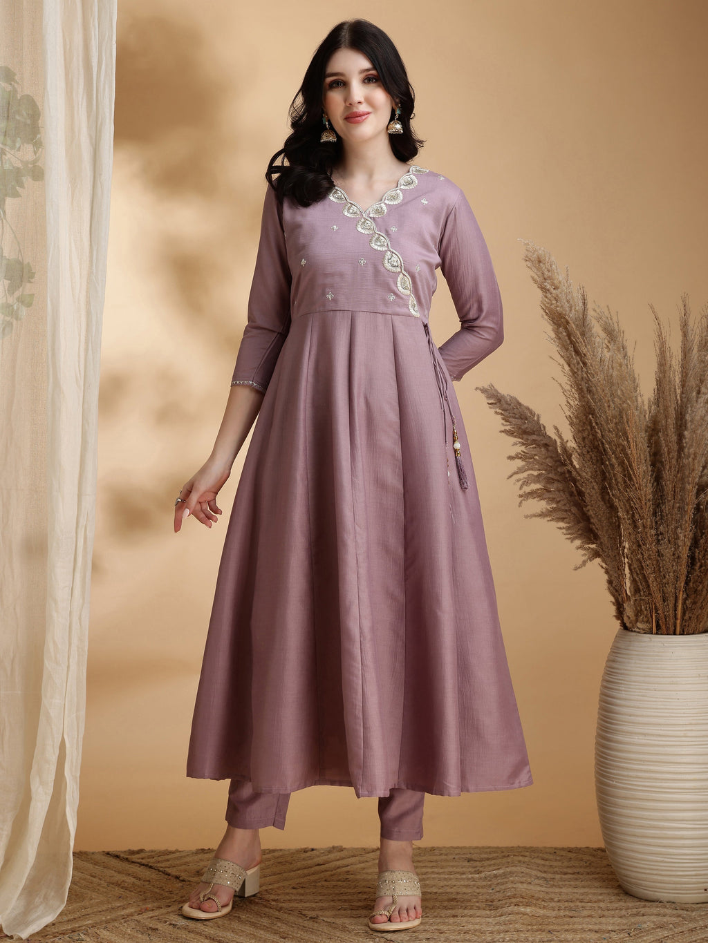 Mauve Angrakha Style Embroidered Anarkali Kurta Set