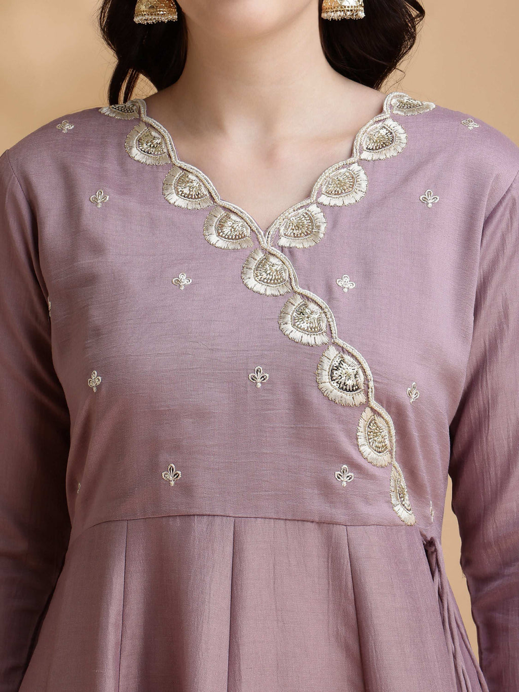 Mauve Angrakha Style Embroidered Anarkali Kurta Set