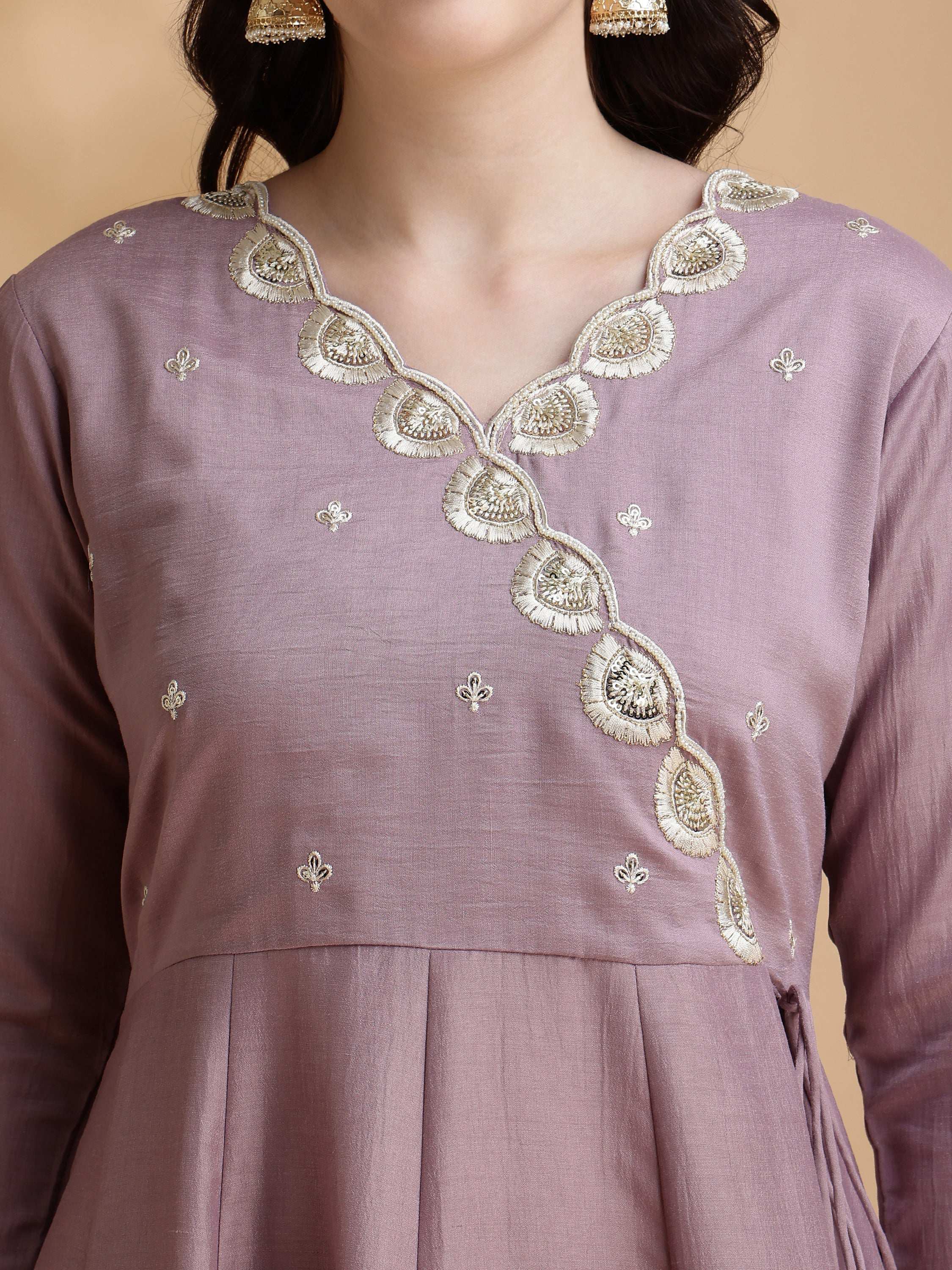 Mauve Angrakha Style Embroidered Anarkali Kurta Set