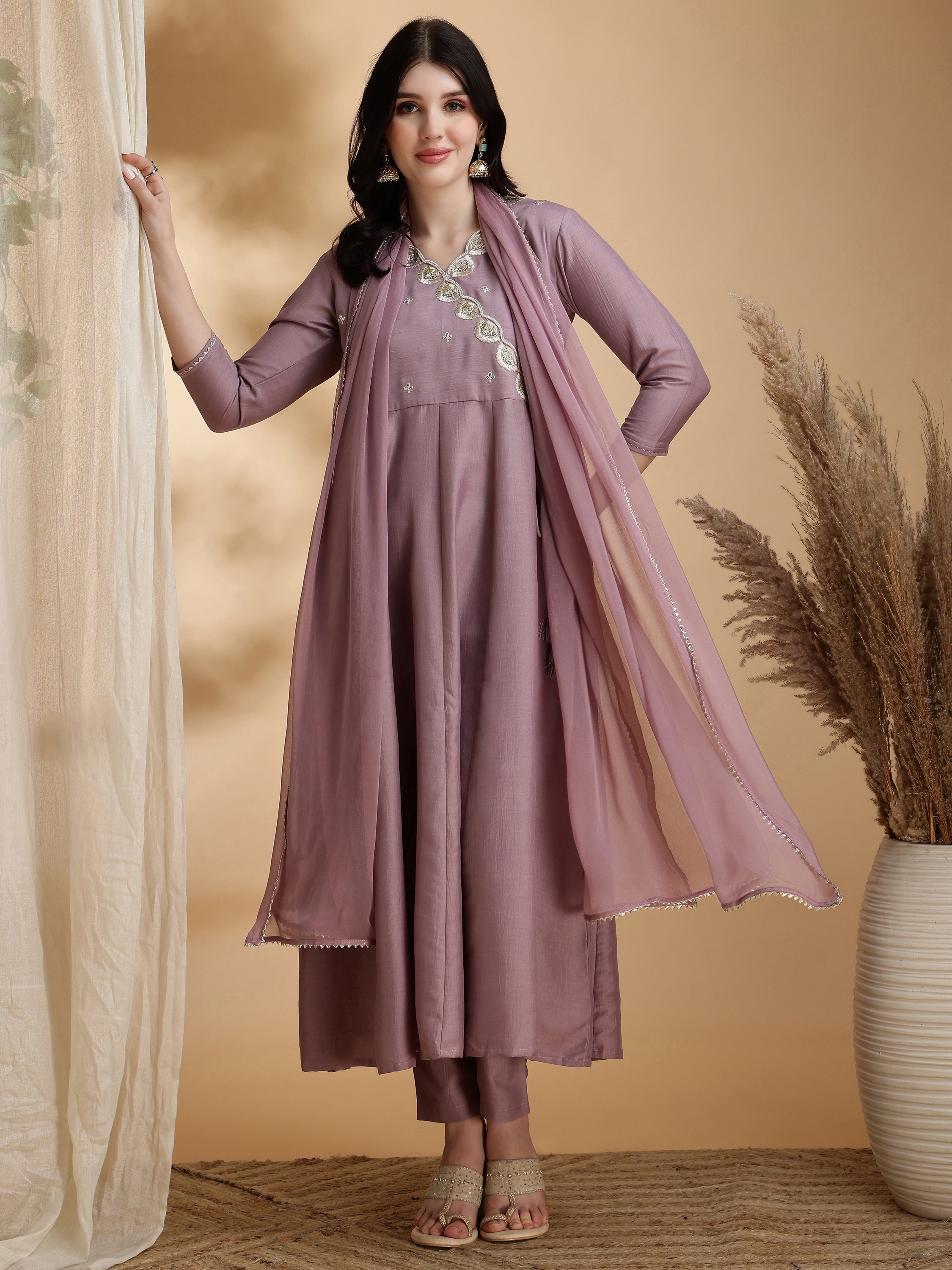 Mauve Angrakha Style Embroidered Anarkali Kurta Set