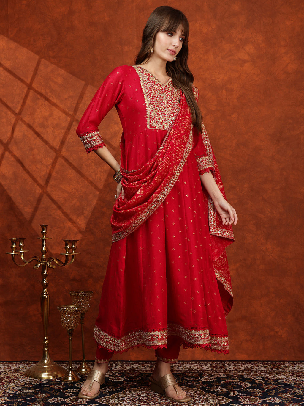 Pink Embroidered Anarkali Kurta Set with Bandhni Dupatta