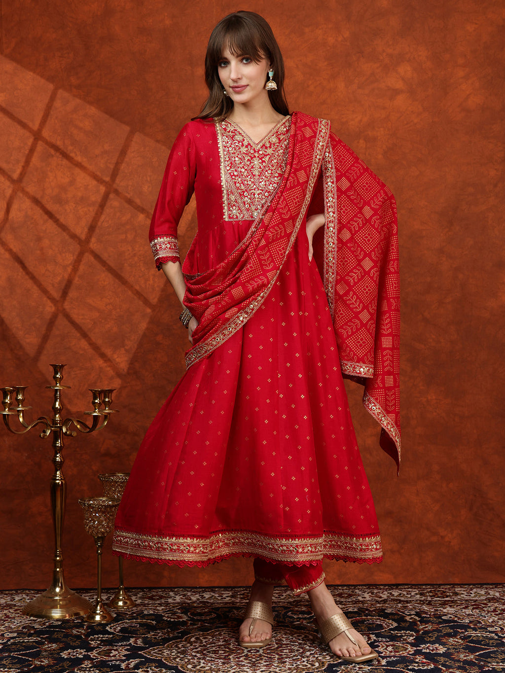Pink Embroidered Anarkali Kurta Set with Bandhni Dupatta