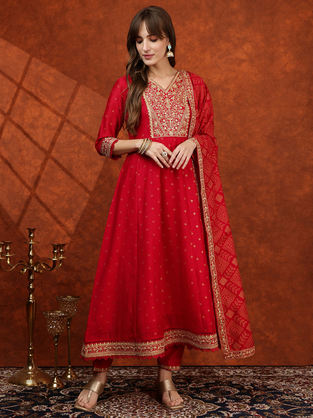 Pink embroidered Anarkali kurta with pants and Bandhni printed dupatta