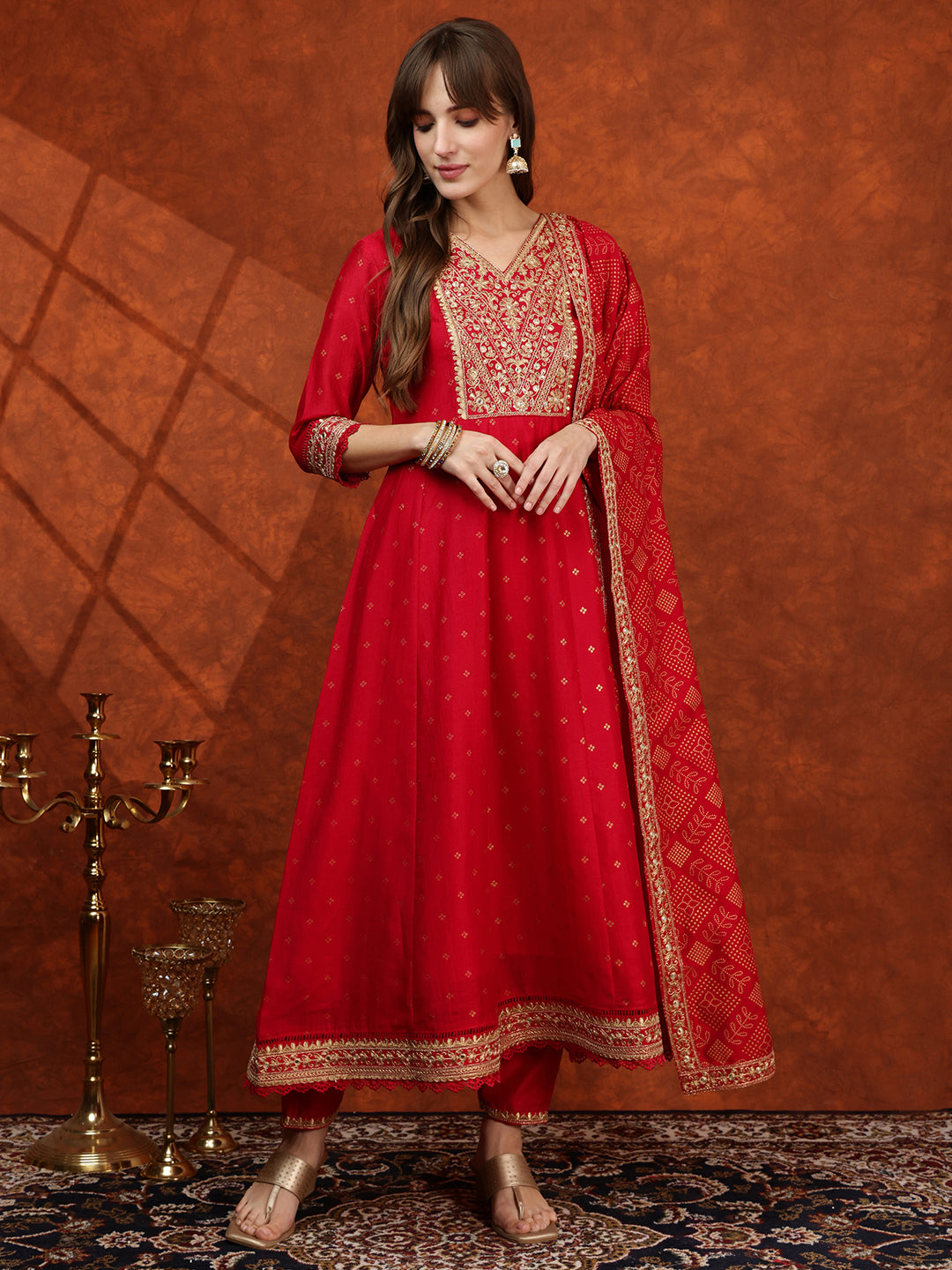 Pink embroidered Anarkali kurta with pants and Bandhni printed dupatta