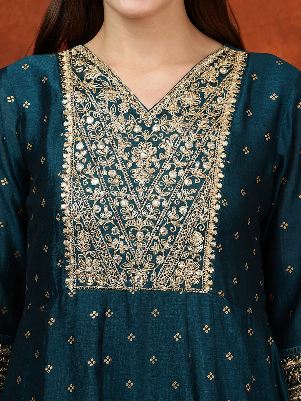 Teal Floral Embroidered Anarkali Kurta Set with Bandhni Dupatta