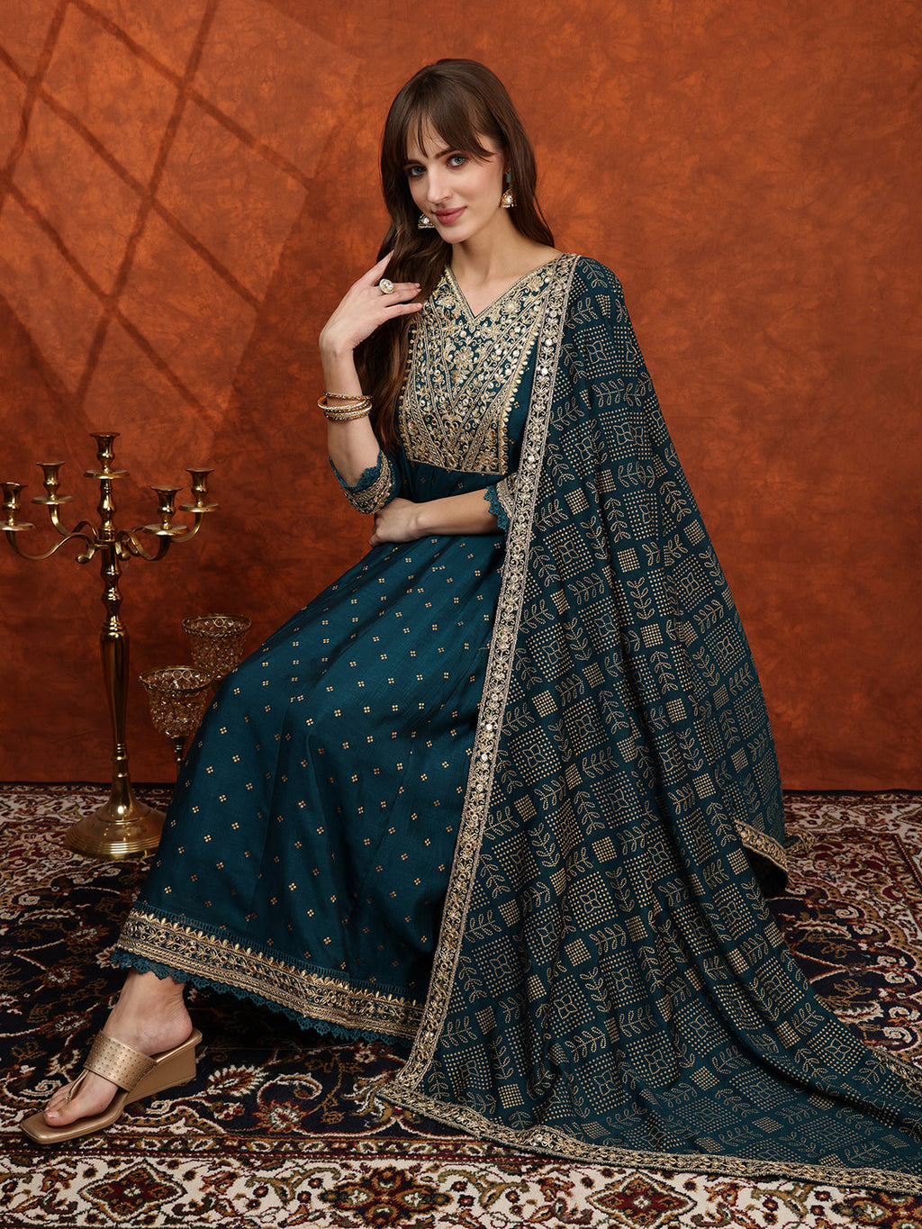 Teal Floral Embroidered Anarkali Kurta Set with Bandhni Dupatta