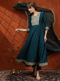 Teal Anarkali kurta with floral embroidery paired with a Bandhni dupatta and pant set