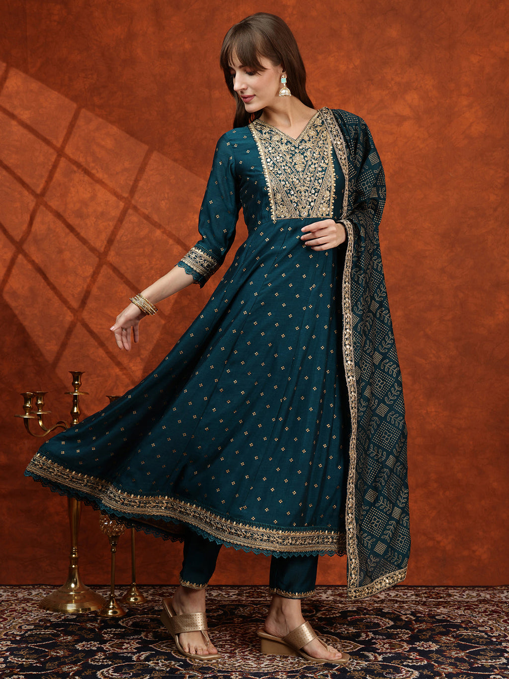 Teal Floral Embroidered Anarkali Kurta Set with Bandhni Dupatta