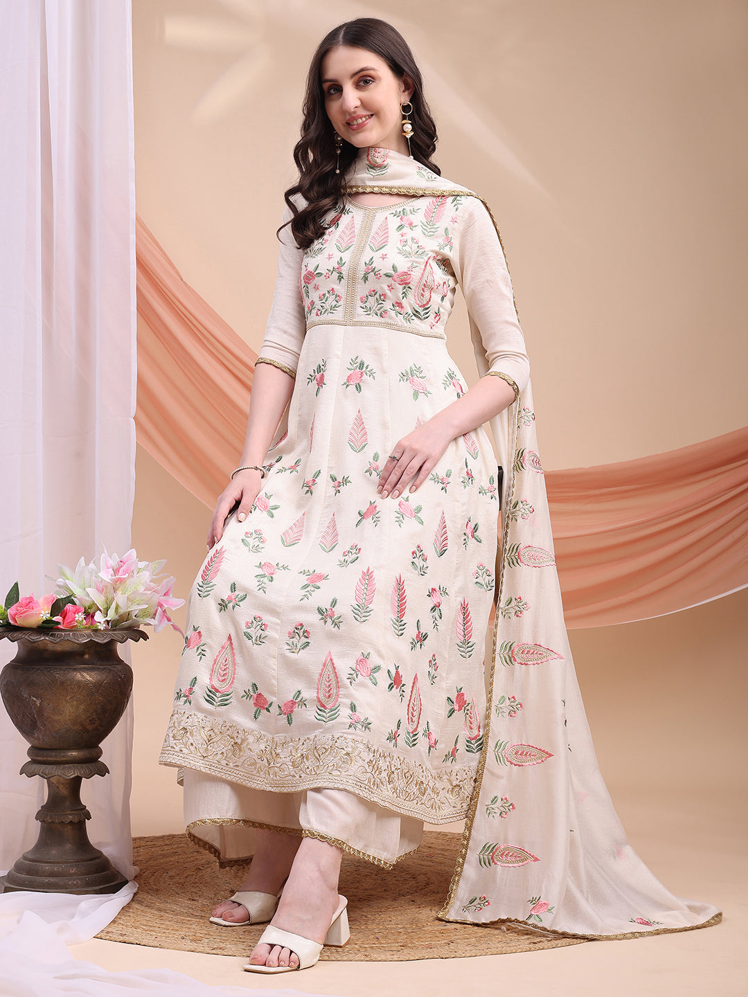 Cream Floral Embroidered Anarkali Kurta Set with Dupatta