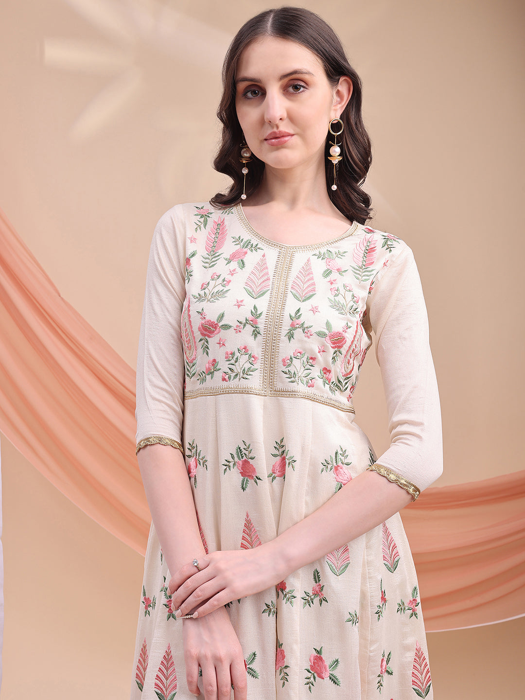 Cream Floral Embroidered Anarkali Kurta Set with Dupatta