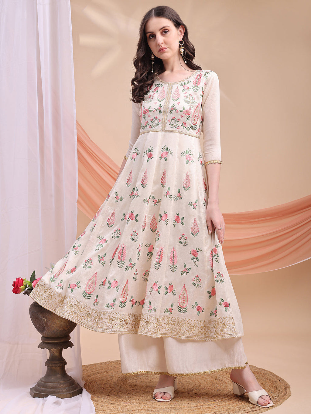 Cream Floral Embroidered Anarkali Kurta Set with Dupatta