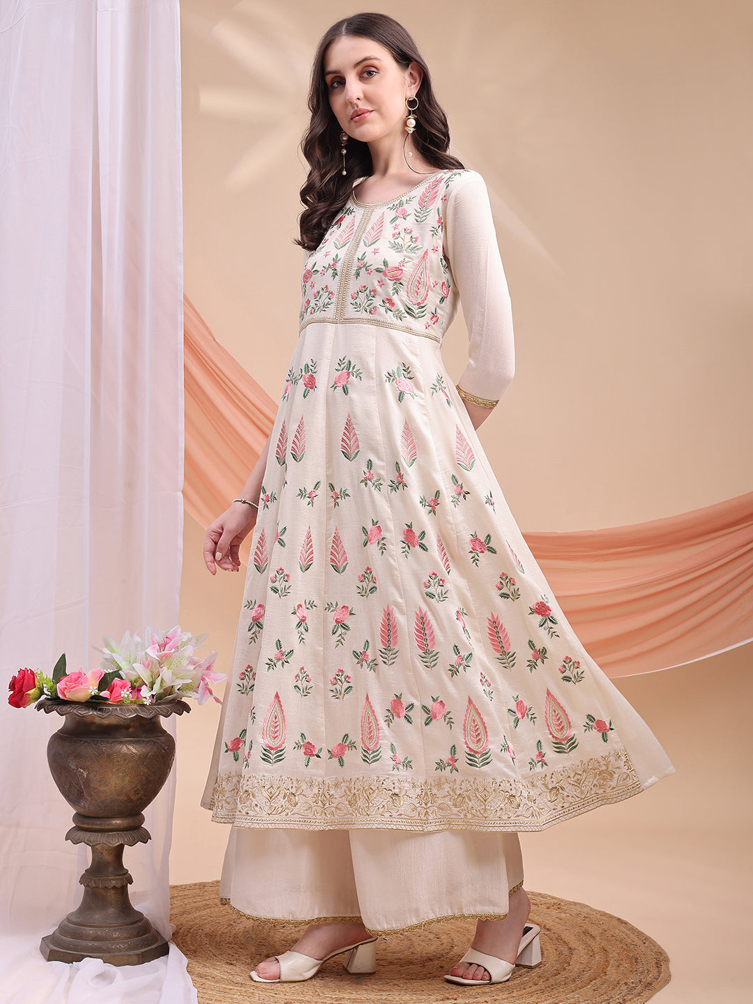 Cream Floral Embroidered Anarkali Kurta Set with Dupatta