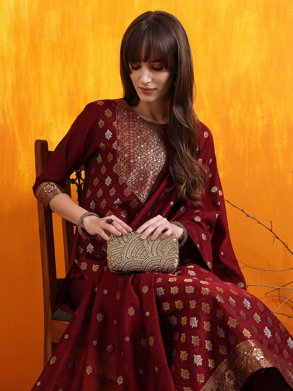 Maroon Banarasi Jacquard Kurta Set with Pant and Dupatta