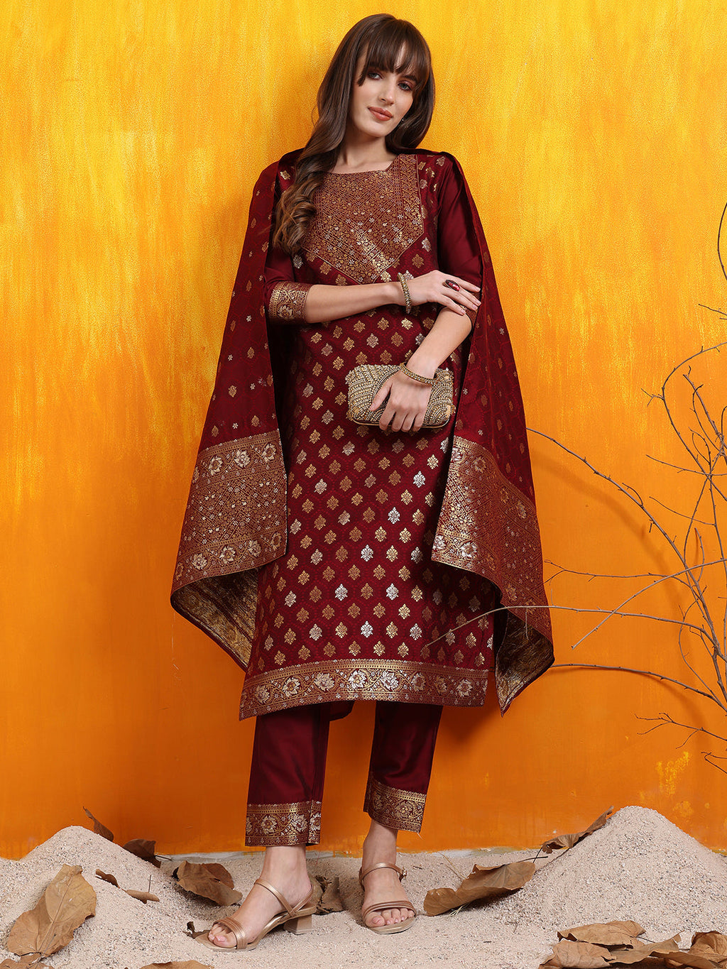 Maroon Banarasi Jacquard kurta set with pants and matching dupatta