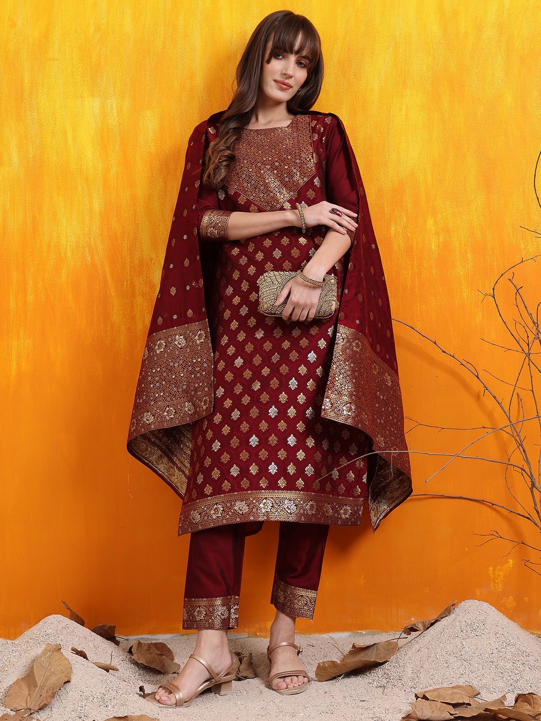 Maroon Banarasi Jacquard kurta set with pants and matching dupatta