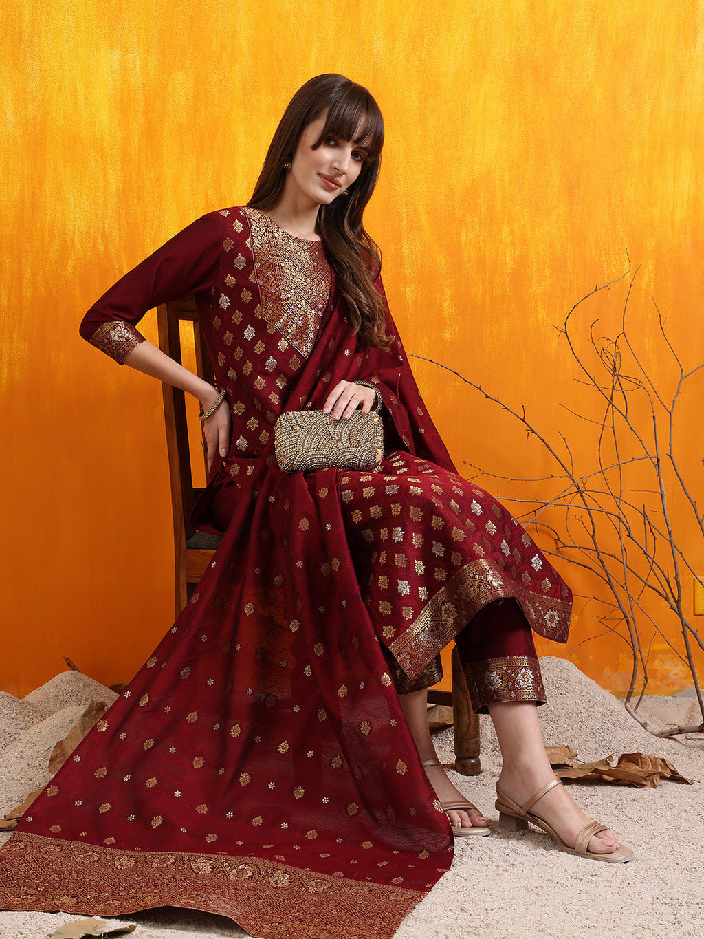 Maroon Banarasi Jacquard Kurta Set with Pant and Dupatta