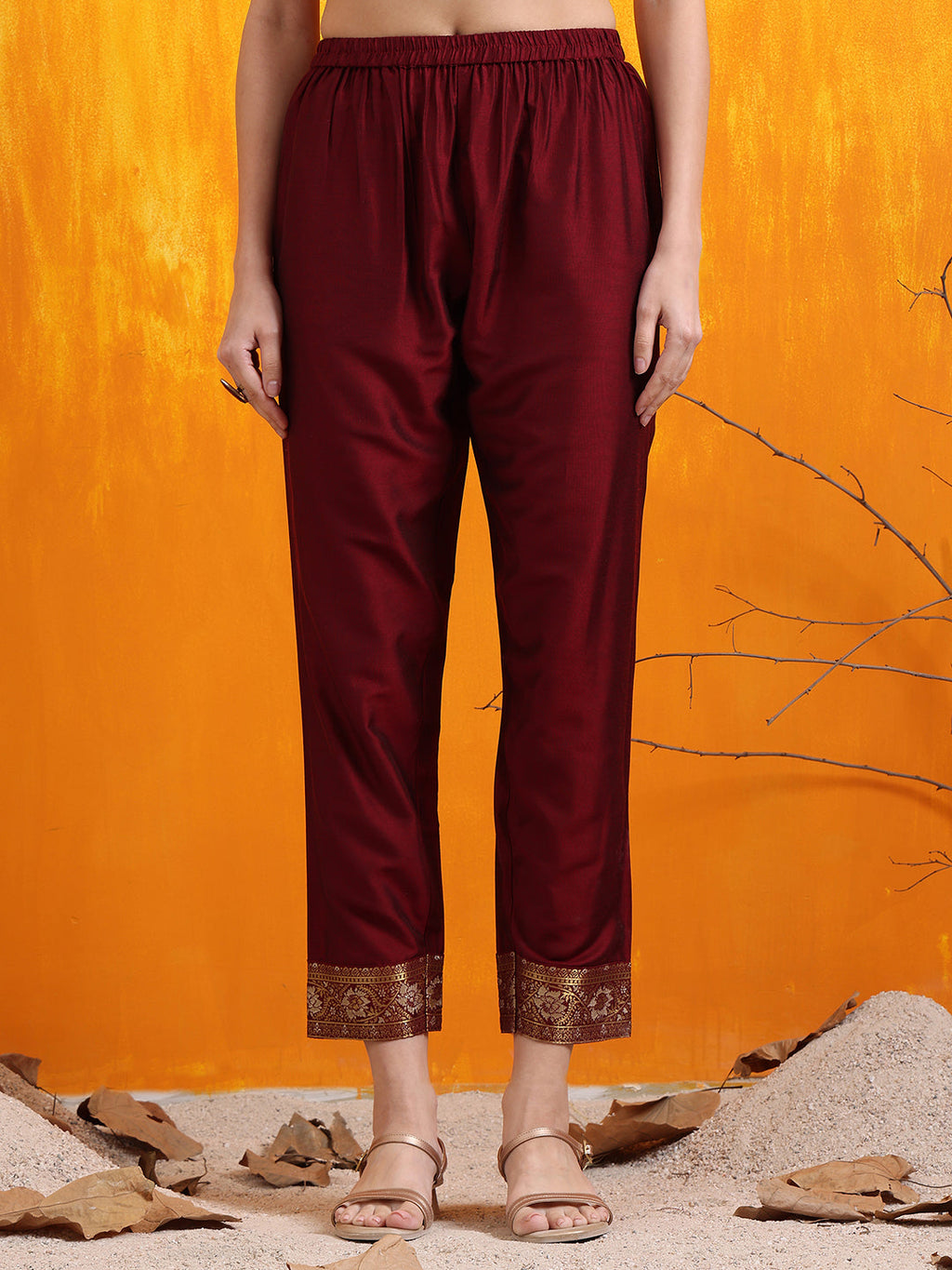 Maroon Banarasi Jacquard Kurta Set with Pant and Dupatta