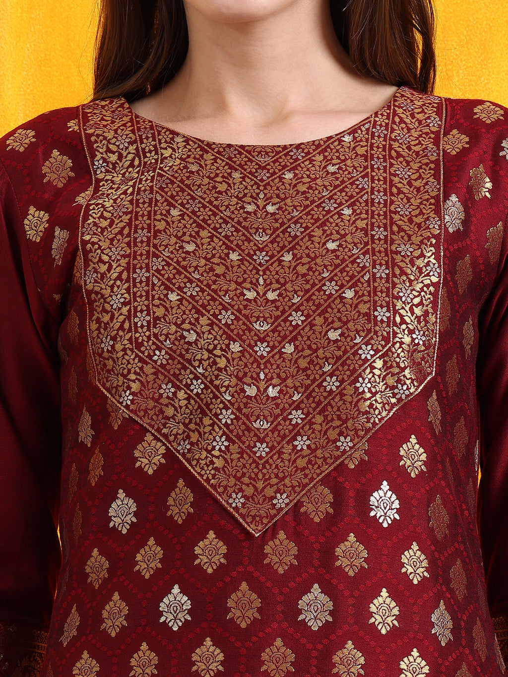 Maroon Banarasi Jacquard Kurta Set with Pant and Dupatta