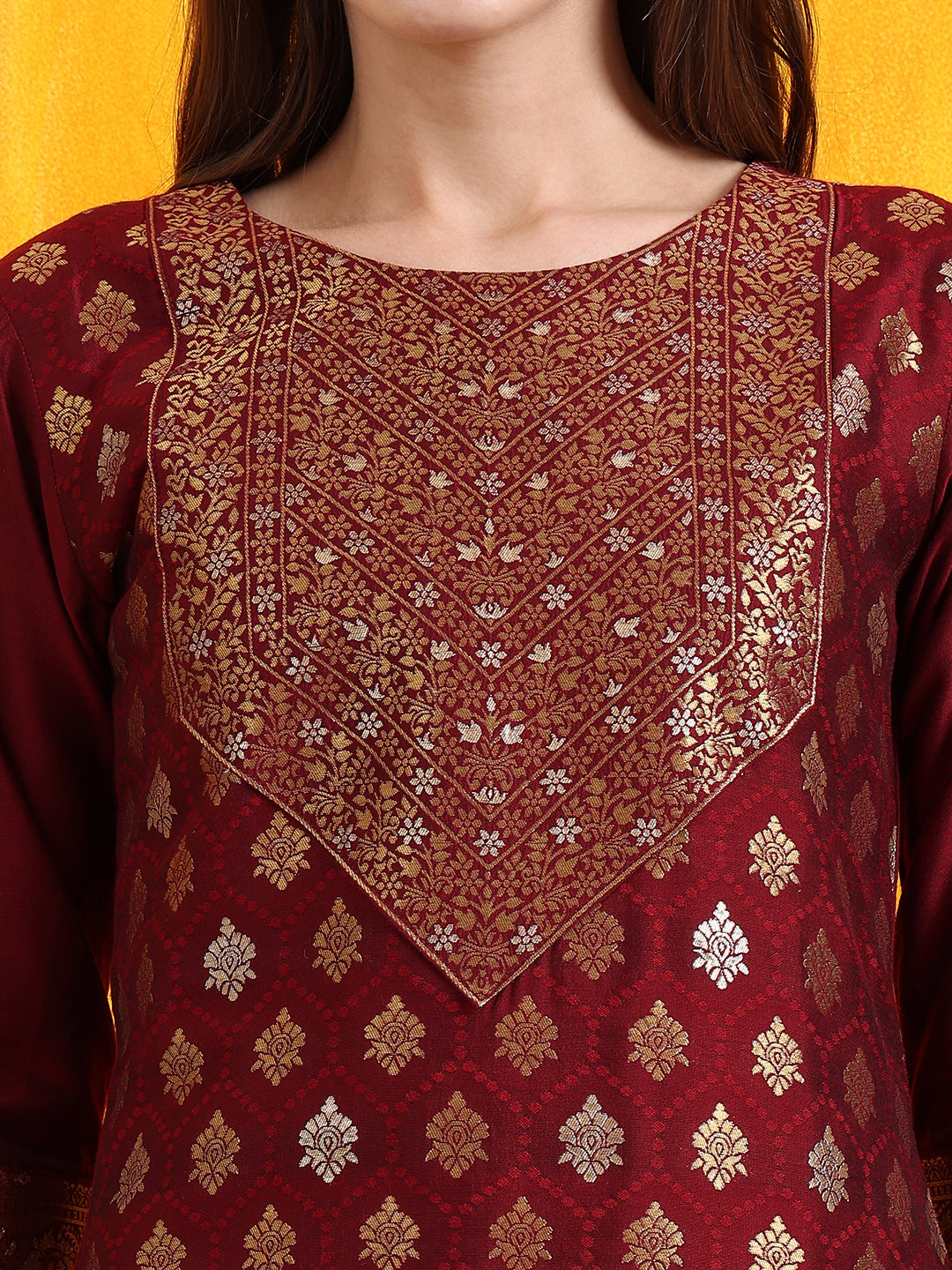 Maroon Banarasi Jacquard Kurta Set with Pant and Dupatta
